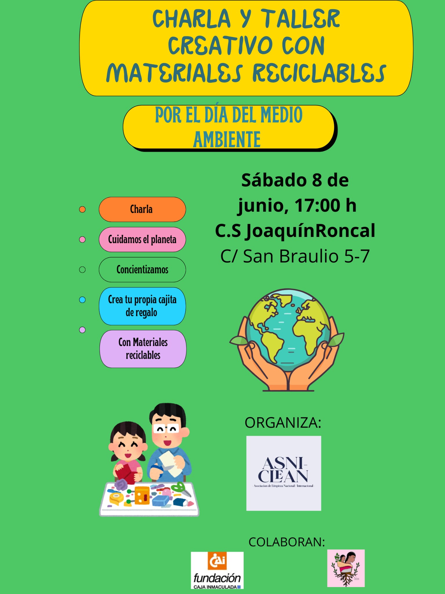 Charla taller creativo con materiales reciclables. Por el Día del medio ambiente