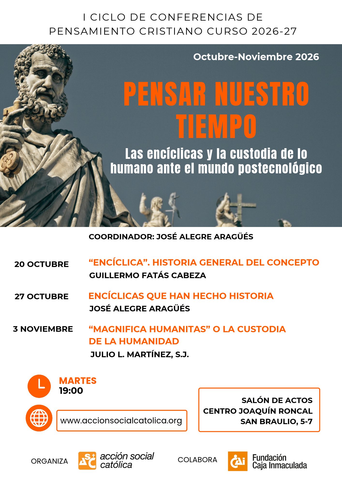 I Ciclo de conferencias de Pensamiento cristiano curso 2026-27. Pensar nuestro tiempo